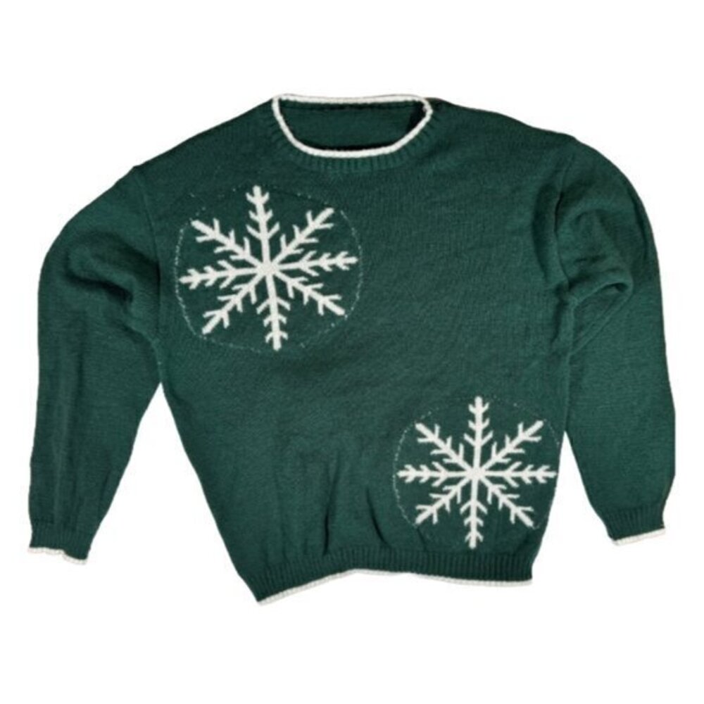 Oversized Emerald Green Sweater with White Snowflakes and Trim